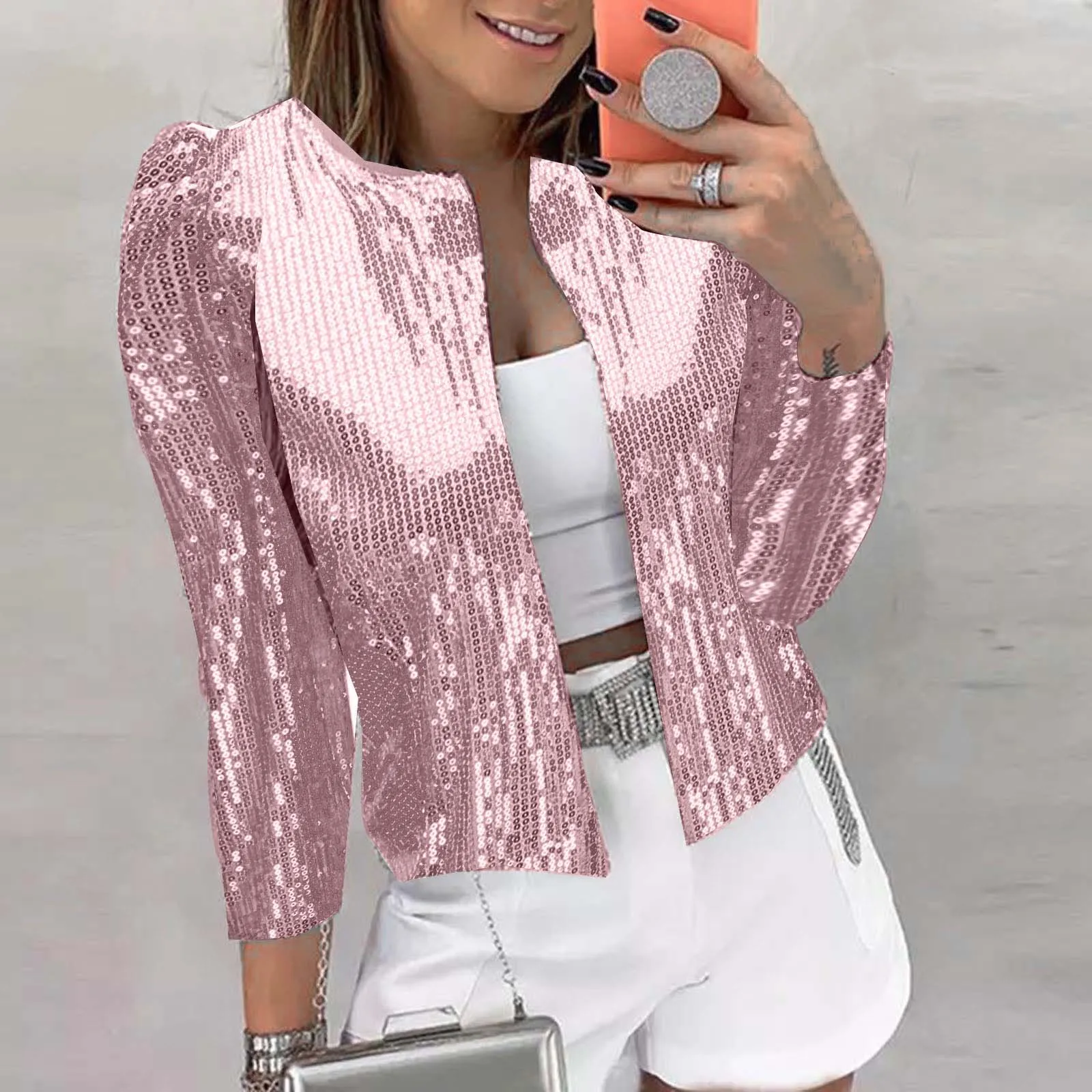 

Women's Solid Color Sequins Short Cardigan Versatile Long Sleeve Stylish Cropped Jacket For Women Slim Evening Party Outerwears