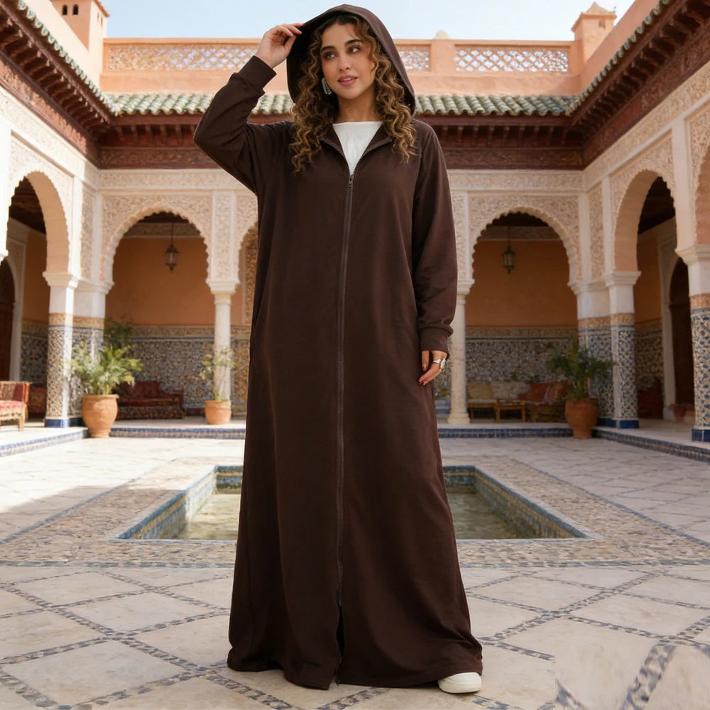 

Повседневное женское длинное платье с передней молнией, мусульманская абайя, дубайский кафтан, джеллаба на Ид, халат с капюшоном, женская мусульманская одежда, исламские платья, джалабия