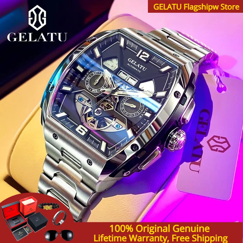 GELATU 6013 Men Watch Luxury Original Hollow out Men's Automatic Mechanical Watch Skeleton Waterproof Watch Men Sports Watch
