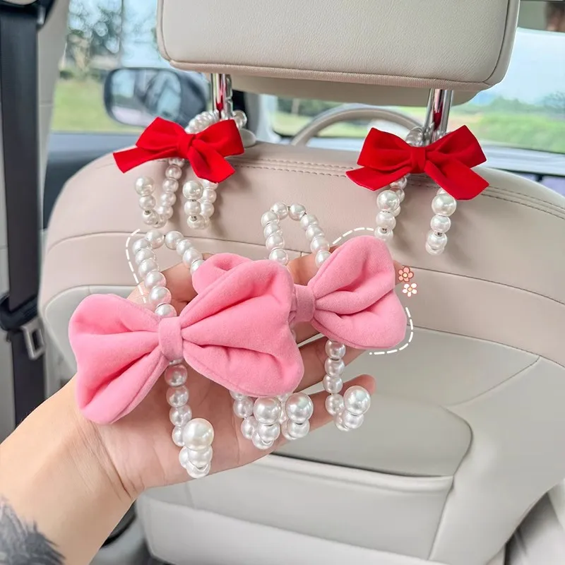 2pcs Car Rear Seat Hook White Pearl Cute Bow Hanger Hook Closed Design Auto Hook Stainless Steel Headrest Hooks Car Accessorie view 4
