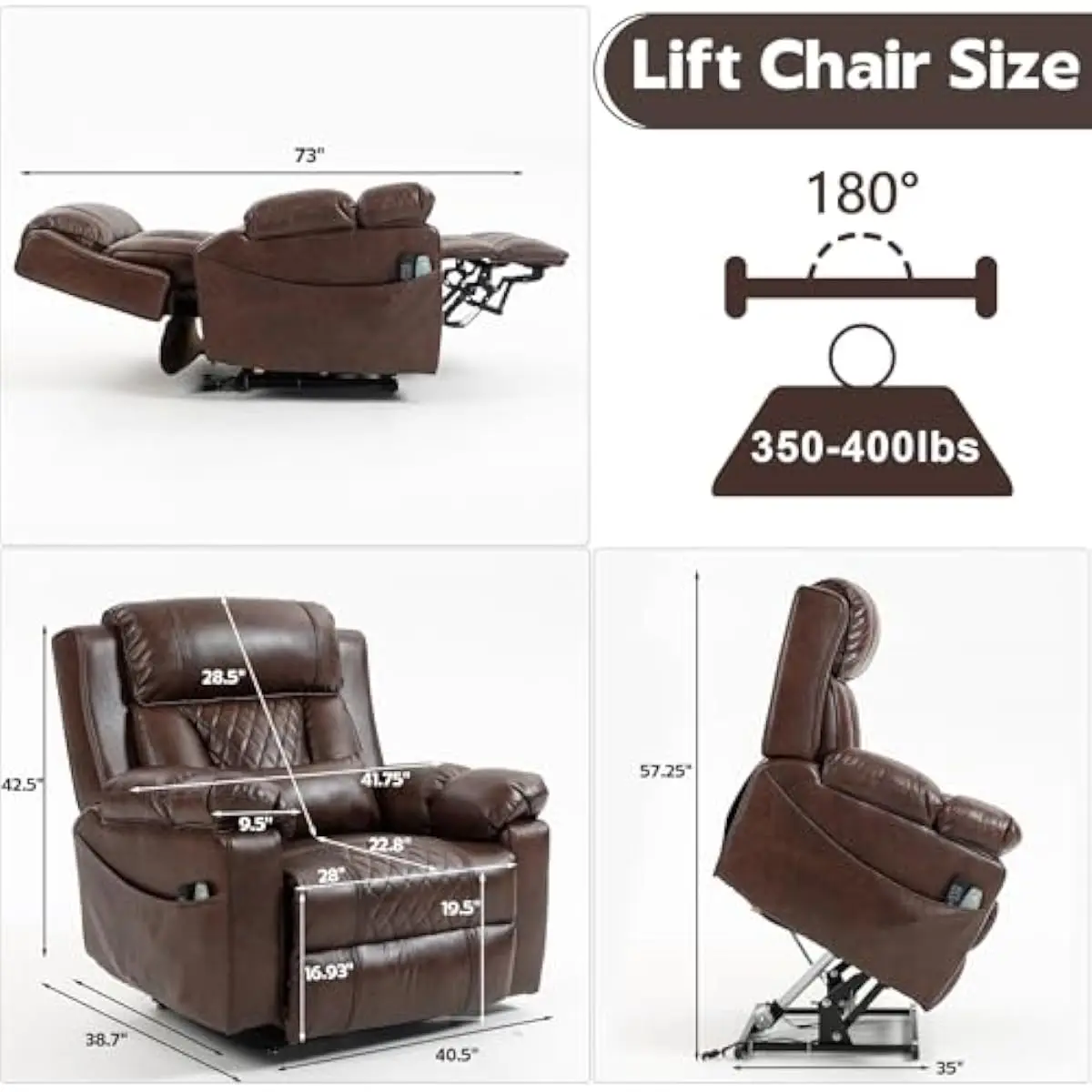 Lay Flat Power Lift Recliner for Larger Adults | Faux Leather Upholstery | Adjustable Backrest and Footrest | 180° Recline Range