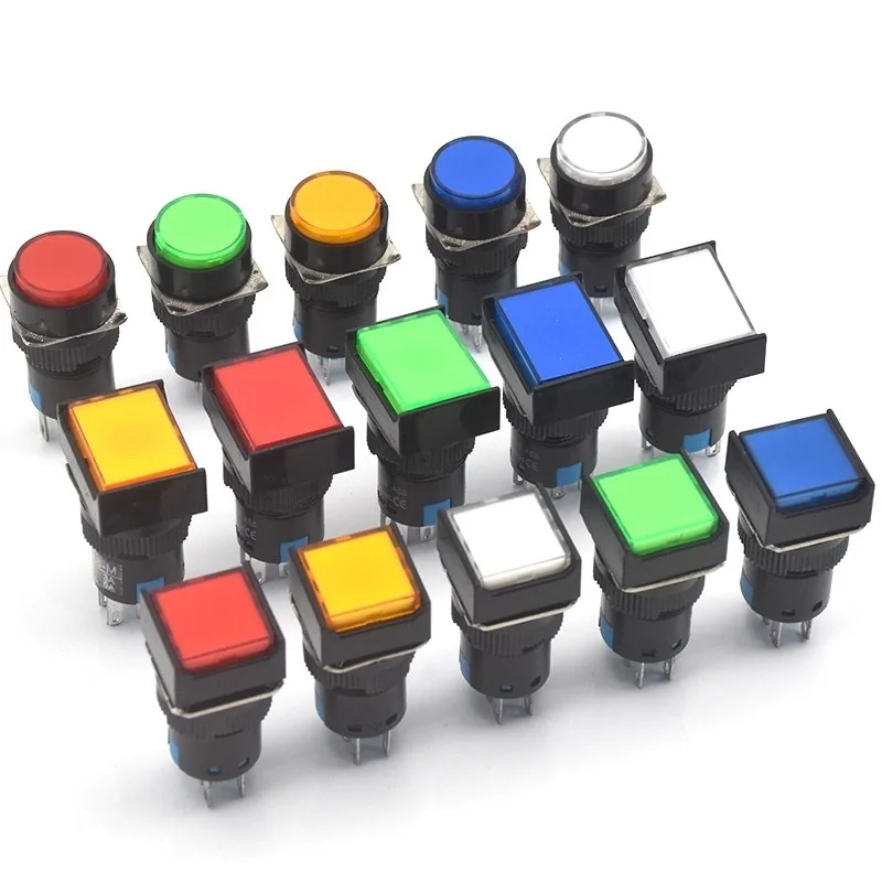 2pcs LA16-11CZ/FZ/D 16mm 3/5pin 12/24V Light button switch Round Square Rectangle No/self-locking Momentary Power Switch