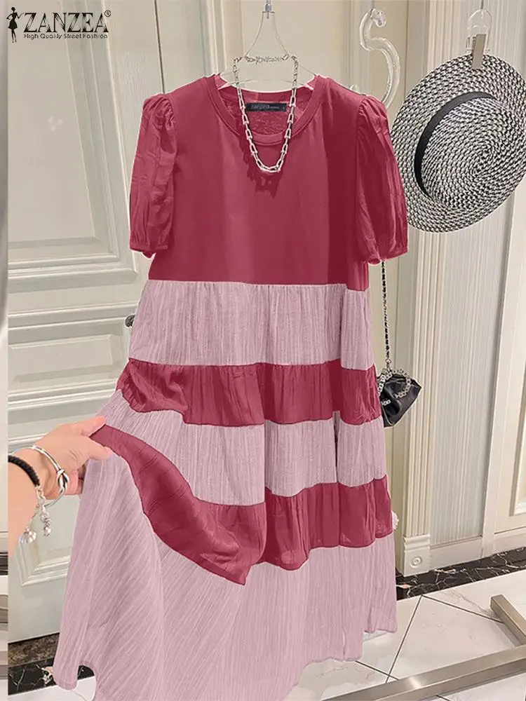 ZANZEA-Vestido Midi em Camadas com Decote A feminino, manga curta folhada, linha A, enrugado, curto, elegante, moda coreana, bloco de cores