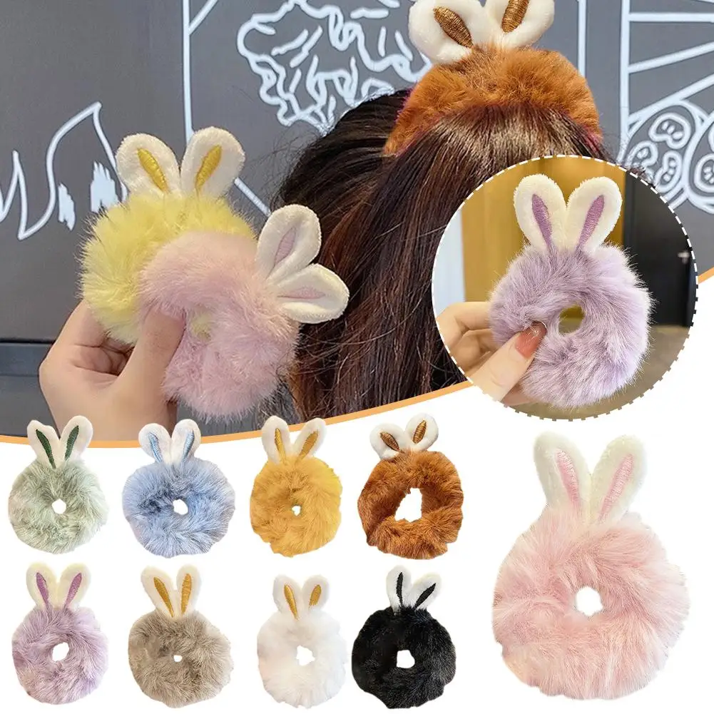 Lazos para el pelo de Orejas de conejo de imitación de piel de conejo, Scrunchies de felpa suave, cabello elástico, bandas de cuerda cálidas para niñas, T8D5