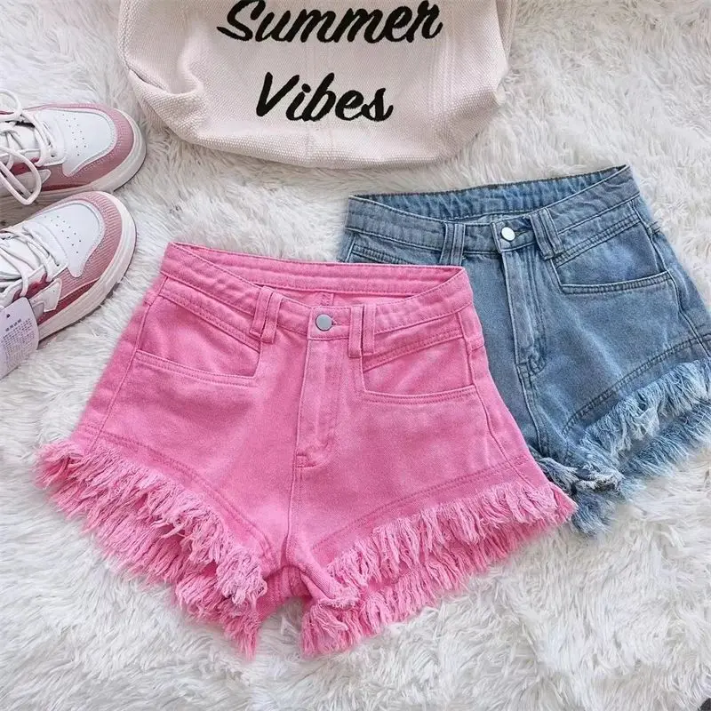 New Korean Women Mid Waist Tassel Denim Jean Shorts with Torn Holes шорти