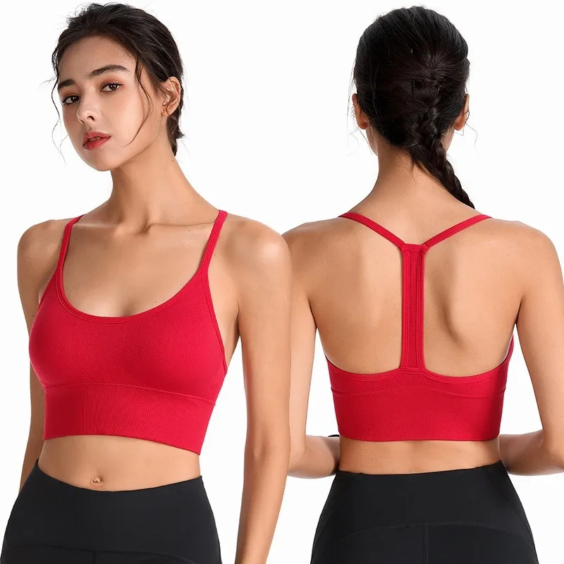 T-Back Sports Bra for Women Thin Strap Padded Yoga Bra Dance Workout Tank Top Seamless Low-Impact Activewear Top