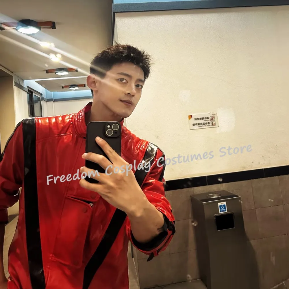Michael Jackson Cosplay Costumes wig Thriller Jacket high quality Red Black PU Leather MV show Imitation Retro Halloween suit - view 3