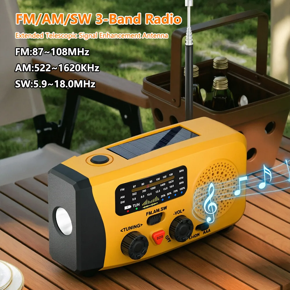 Multifunctional Portable FM AM SW Radio Solar Hand Crank Radio Receiver 2000mAh USB Charging Emergency LED Flashlight Power Bank