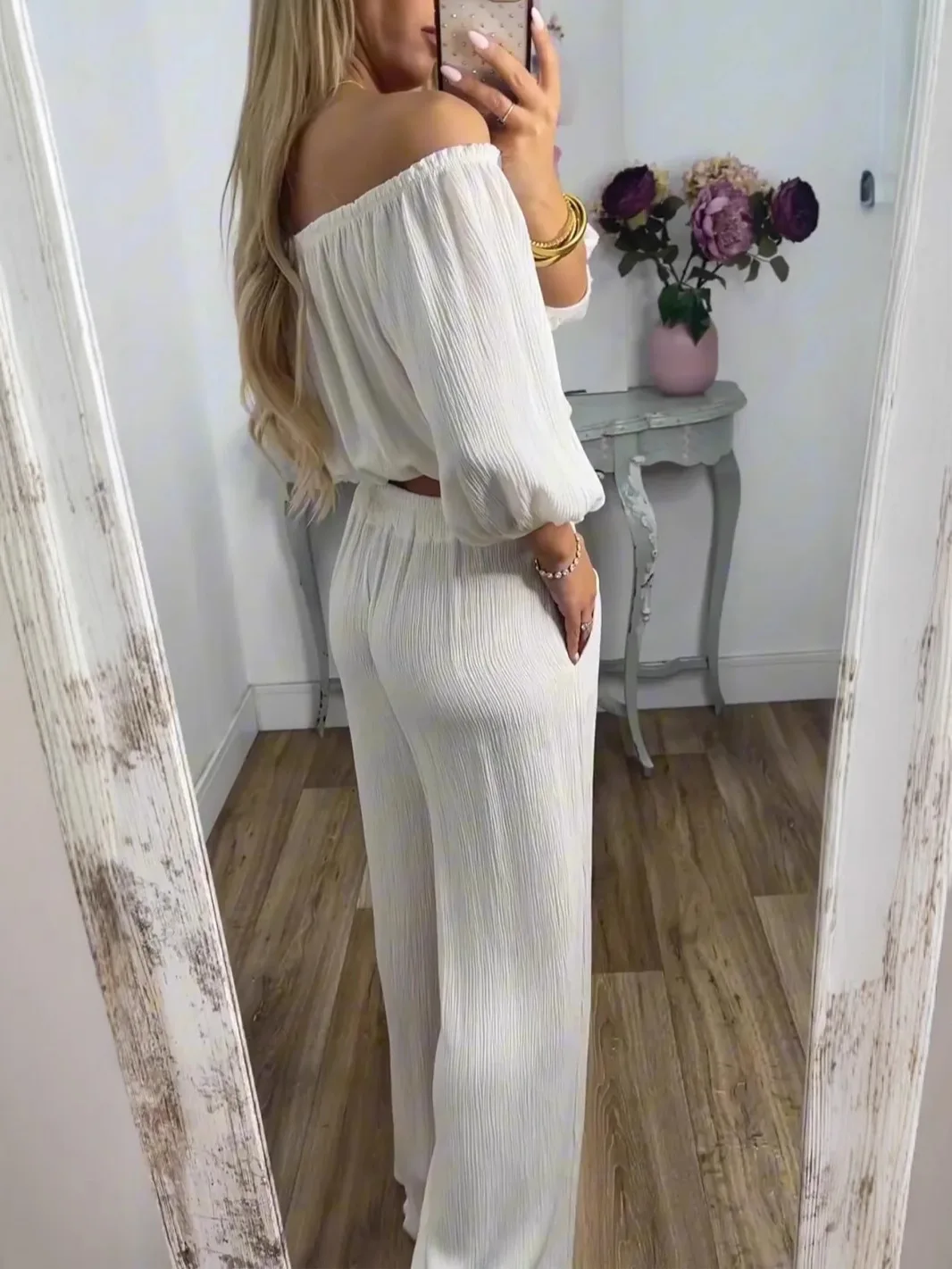 Elegant Women's Off Shoulder Pants Set One Shoulder Half Sleeves Short Top Loose Elastic Waist Trouses 2 Pieces Suits For Woman