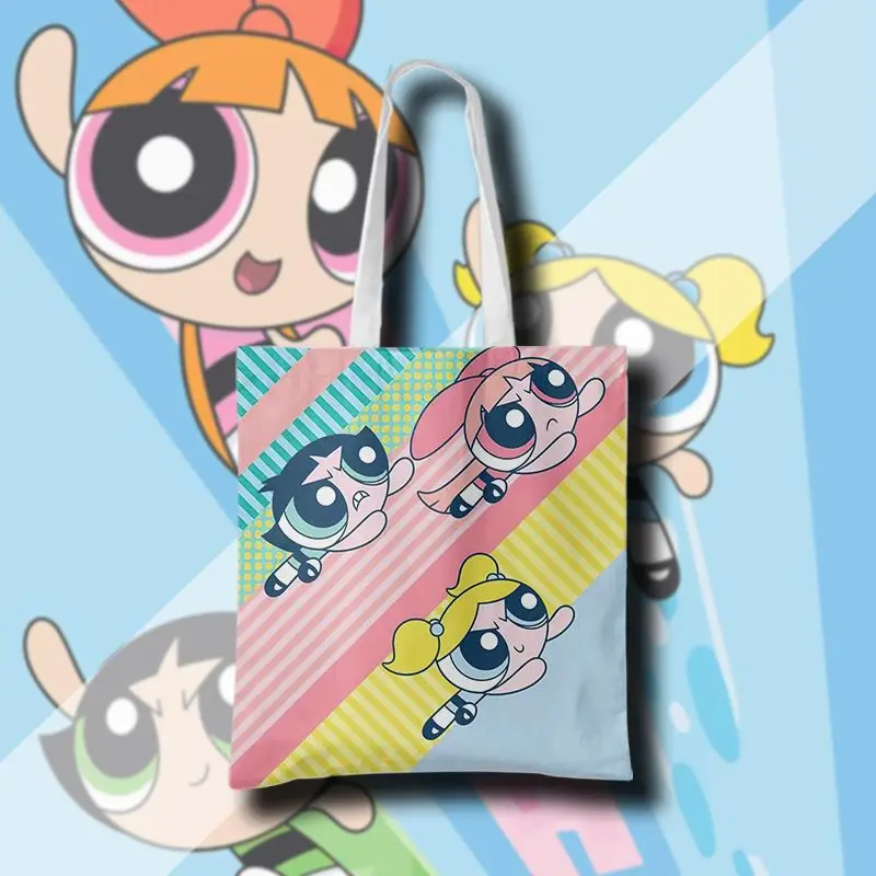 The Powerpuff Girls Canvas Bag for Women Shopper Handbags Large Storage Reusable Cartoon Shoulder Tote Bag School Bags Girl Gift