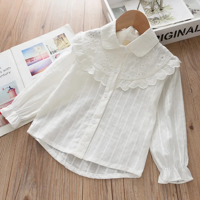 

Girls' pure cotton shirt with lace white girls' base top, medium sized children's student long sleeved cardigan, children's