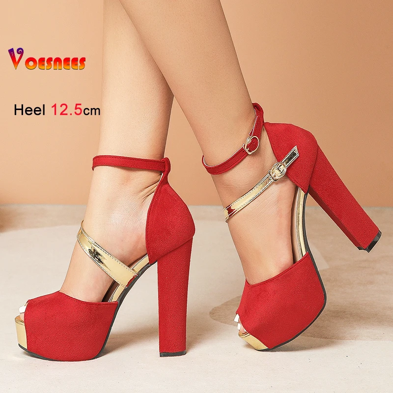 صنادل من جلد الغزال موضة اللمحة تو الصيف نموذج المنصة تظهر الأحذية 12.5 سنتيمتر سميكة عالية الكعب مصمم مشبك حزام الصنادل للنساء #2