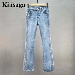 Hippie Micro Flared Jeans Girl Korean Wild High Waist Studded Rhinestone Demin Trumpet Trousers All-match Retro Boot Cuts Women