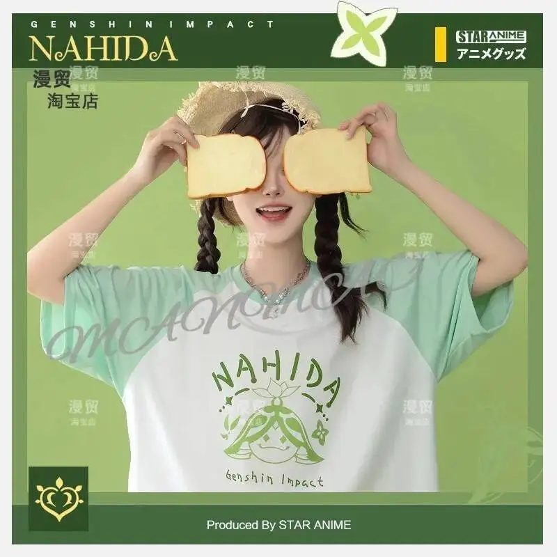 Game Genshin Impact Cosplay Nahida Women Girl Summer Loose Top Short Sleeved T-Shirt Full Set Carnival Costumes