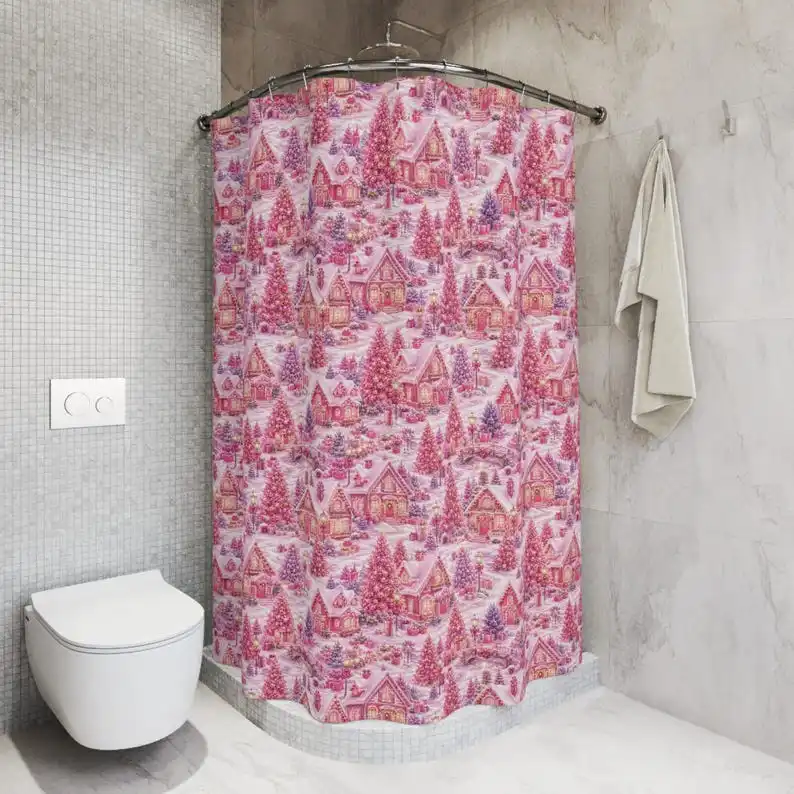 Pink Christmas Village Retreat Shower Curtain |   Elegant Holiday Bathroom Decor