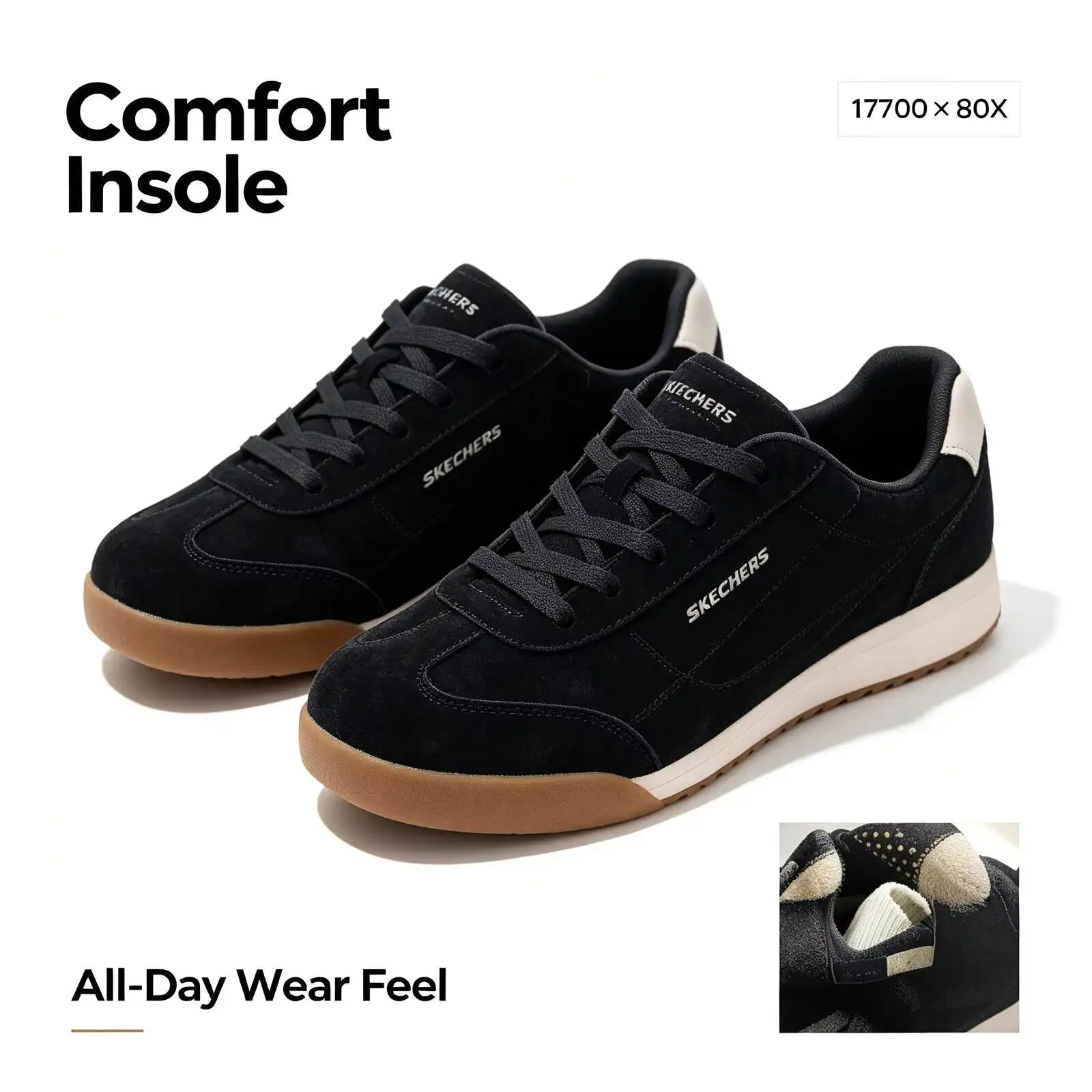 Skechers Couple Retro Gum Sole Casual Sneakers Leather Lightweight Daily Walking Shoes Black White Multi Colors 177497-BLK