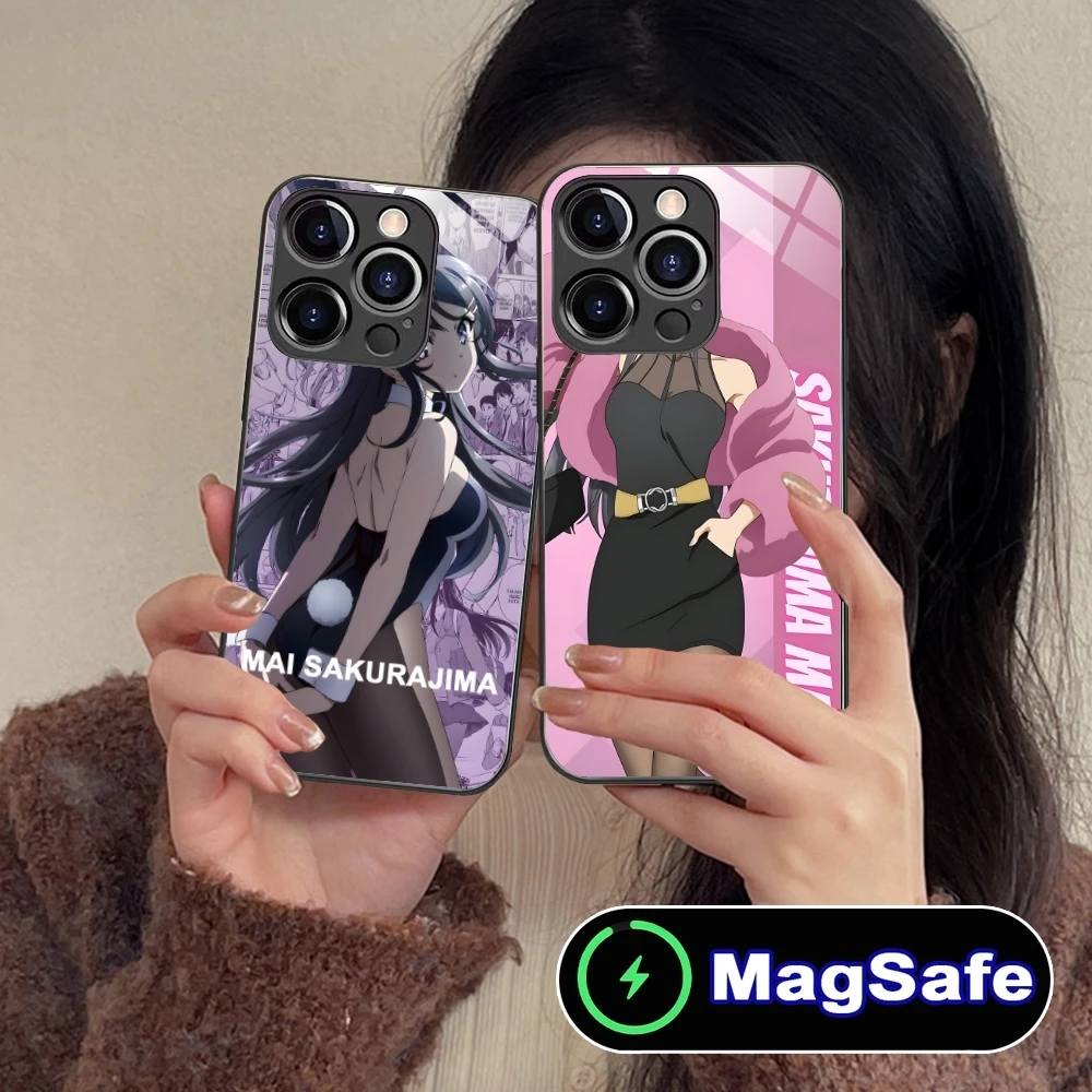 Anime Mai Sakurajima Mobile Cell Phone Case for iPhone 16 15 14 13 12 11 Pro Max Plus Mini MagSafe Wireless Charging Glass Cover