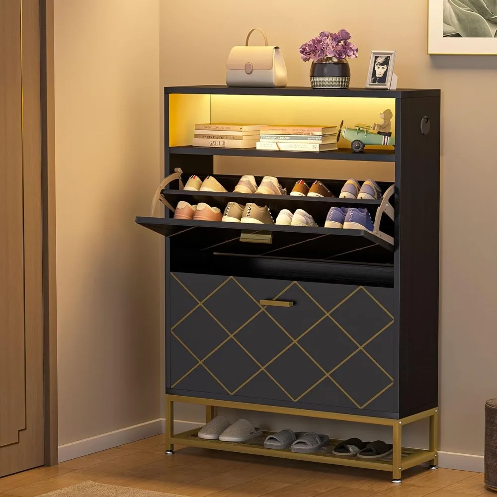 Shoe Cabinet Colorful Led Light, 24 Pairs Shoe Rack with 2 Flip Drawers and Open Shelves, Metal Legs for Heels, Sneakers