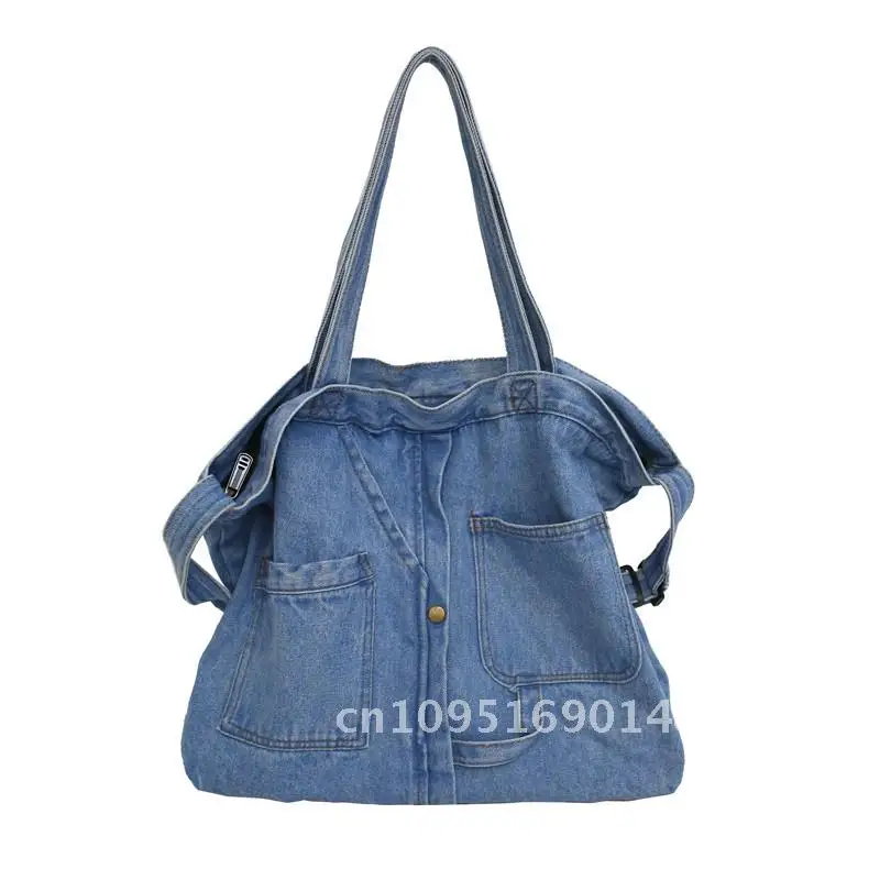 

Spring Denim Neutral Large Capacity Shoulder Bag Casual Urban Minimalist Style Canvas Messenger Bag with Color Blocking