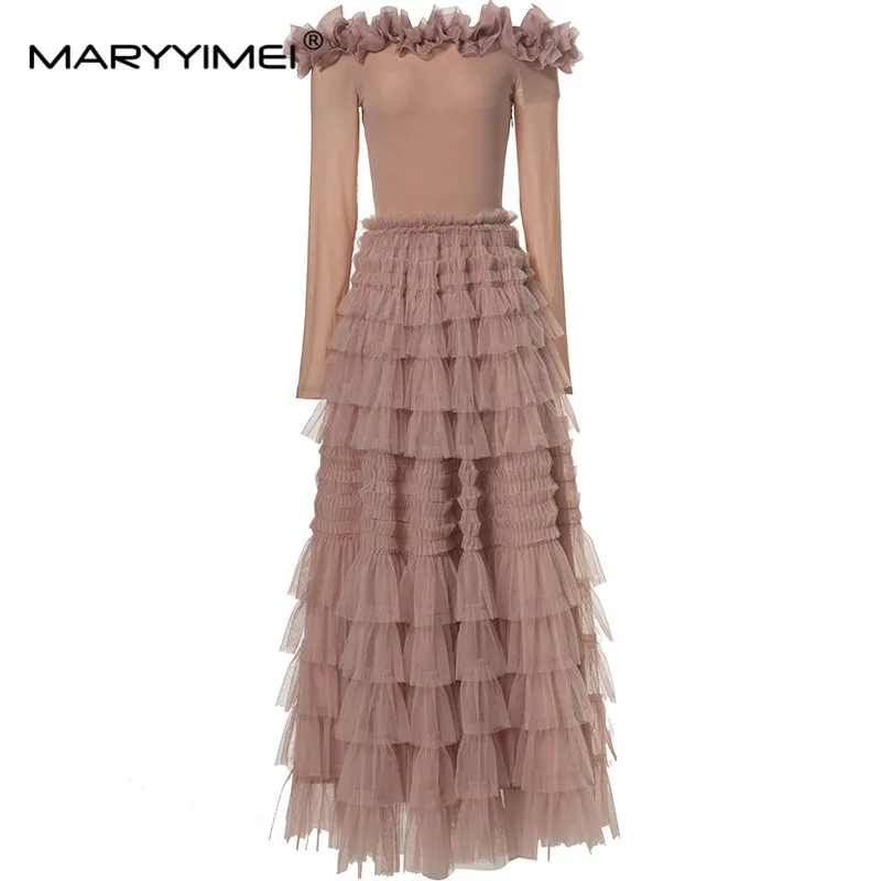 

MARYYIMEI Fashion Design Spring Summer Women's Dress Slash Neck Mushroom Edge Long-Sleeve Tiered Ruffles Streetwear Dresses