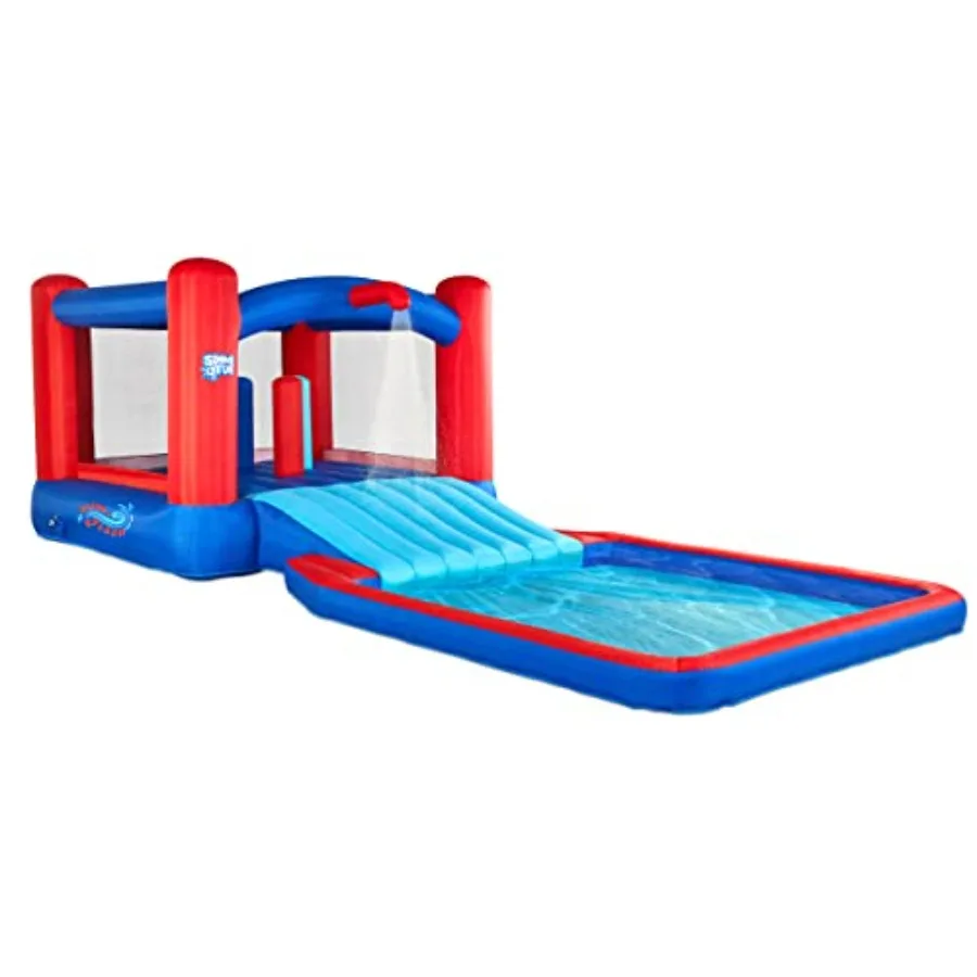 

Надувной аквапарк Slide N' Splash Bounce House - прочный уличный аттракцион с широкой горкой и бассейном для игр.