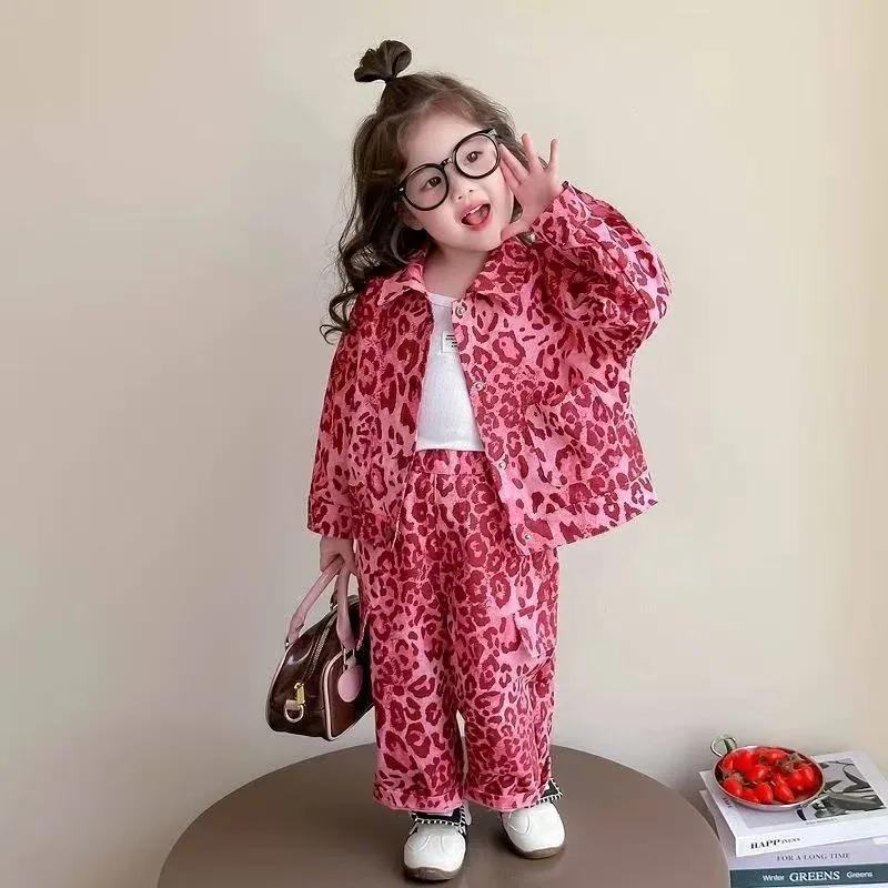 

2025 new spring autumn Girls Kids Leopard pattern suit Coat+trousers pants sets comfortable cute baby Clothes Children Clothing