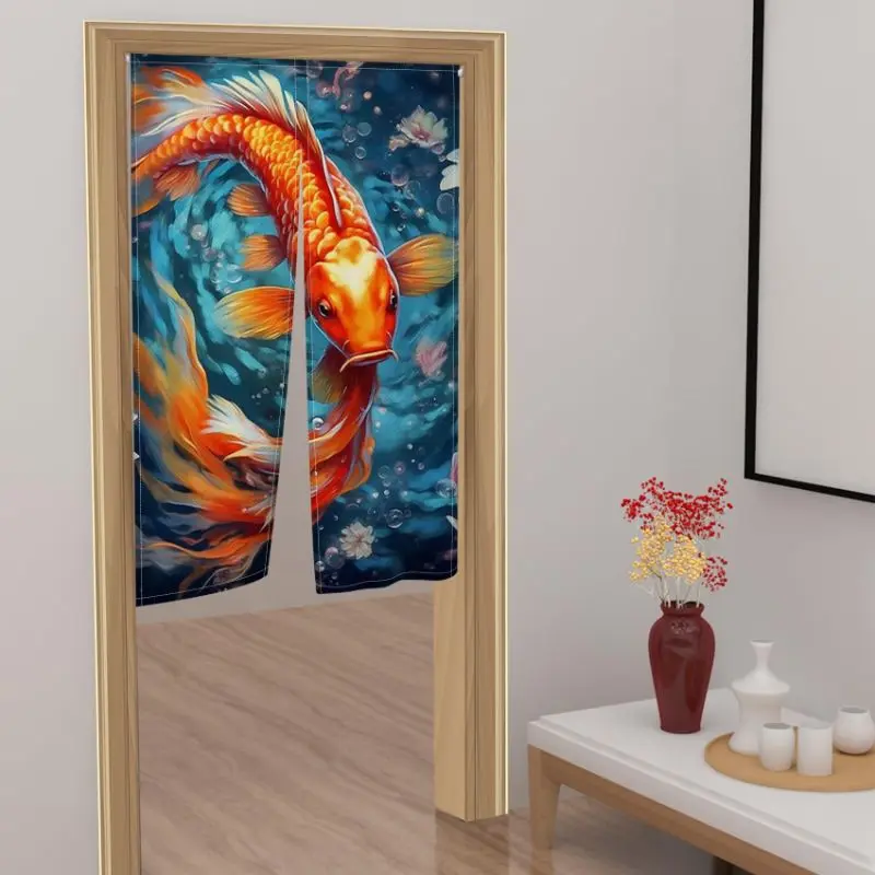 VIKAMA Oil Painting Orange Koi Fish Door Curtain Blue Water Bubble Lotus Flower Carp Art Linen Noren Bedroom Kitchen Living Room