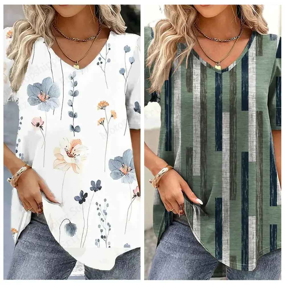 

Женская футболка Новая красивая футболка с цветочным принтом и 3d принтом Женская мода с v-образным вырезом и коротким рукавом Летние полосатые топы Футболки белые