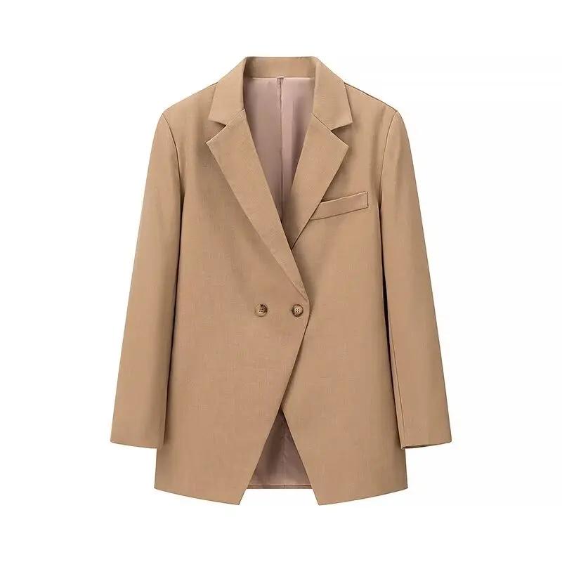 2024 CHIC Double Buttons BF Blazer Boyfriend Vintage Women Notched Cut out Front Hem Long Sleeve Suit Loose Female Coat Camel