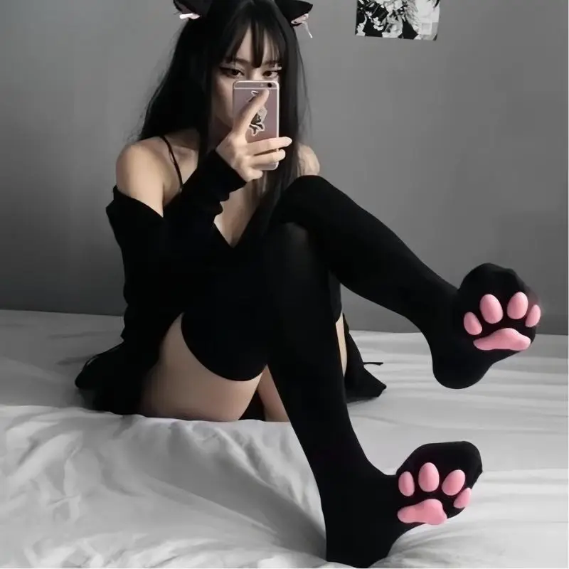 Dehnbare Niedliche Katzenpfoten-Overknee-Strümpfe mit 3D-Silikon-Pfotenpolstern, Kawaii Anime Cosplay Socken für Kostümpartys