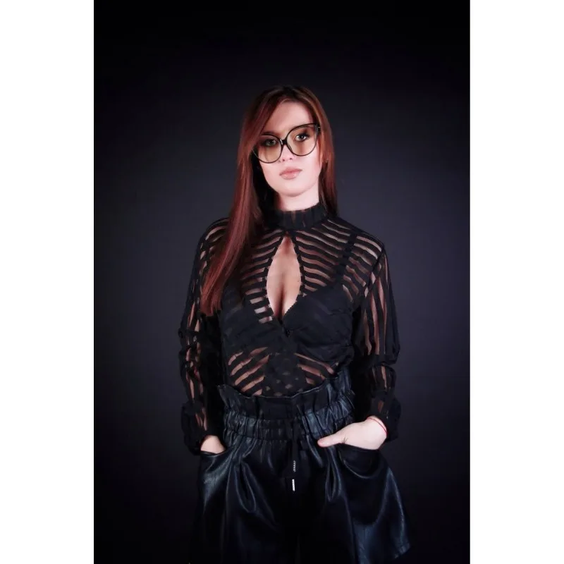 مثير المرأة انقطاع الأعلى الوقوف تي شيرت بياقة المشارب طويلة الأكمام الخريف السيدات الملابس شير تيز Y2k الشارع الشهير القمم