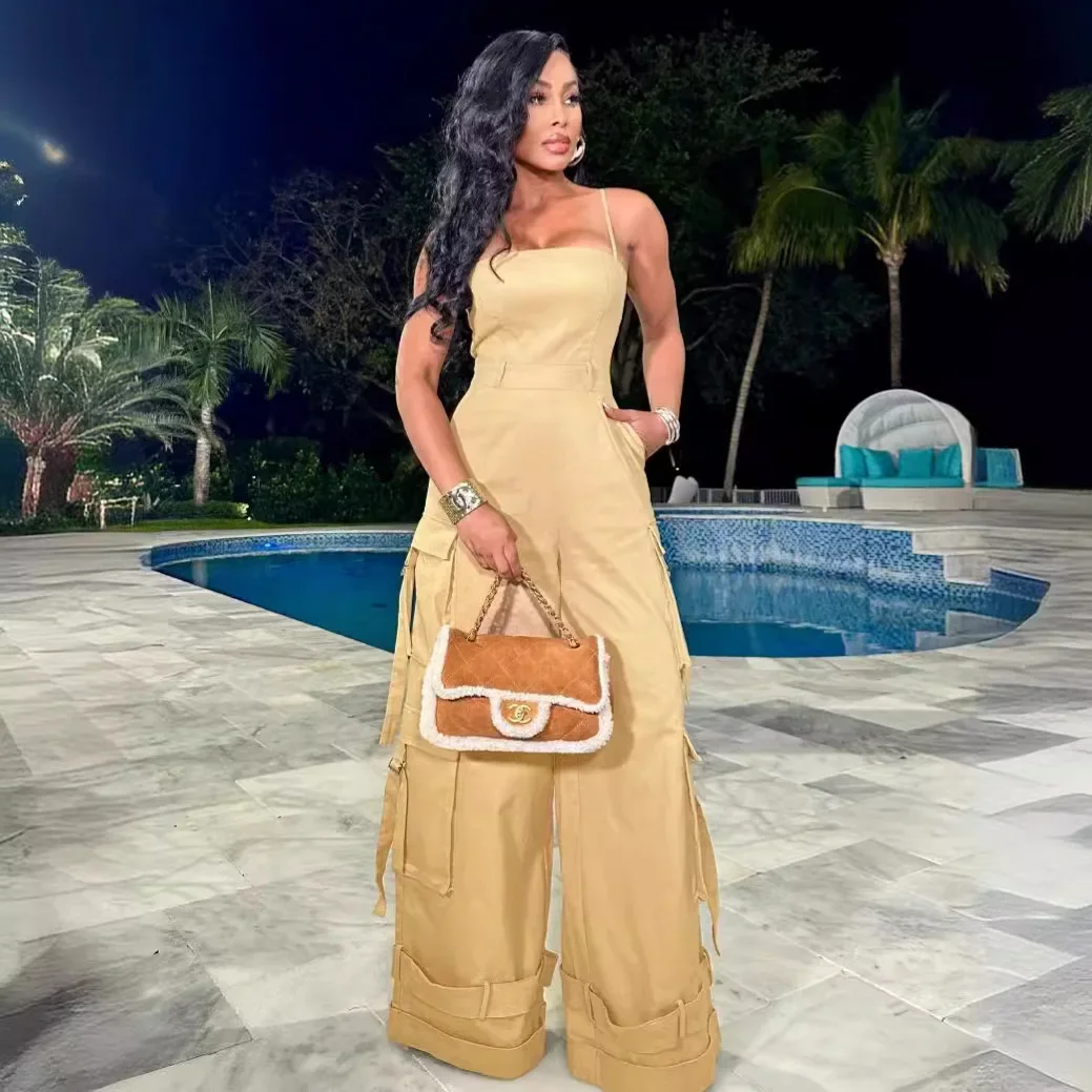 Fashion Multi Pocket Cargo Pants Wide Leg Jumpsuit Rompers Women Khaki Spaghetti Strap Backless One Piece Overalls Streetwear