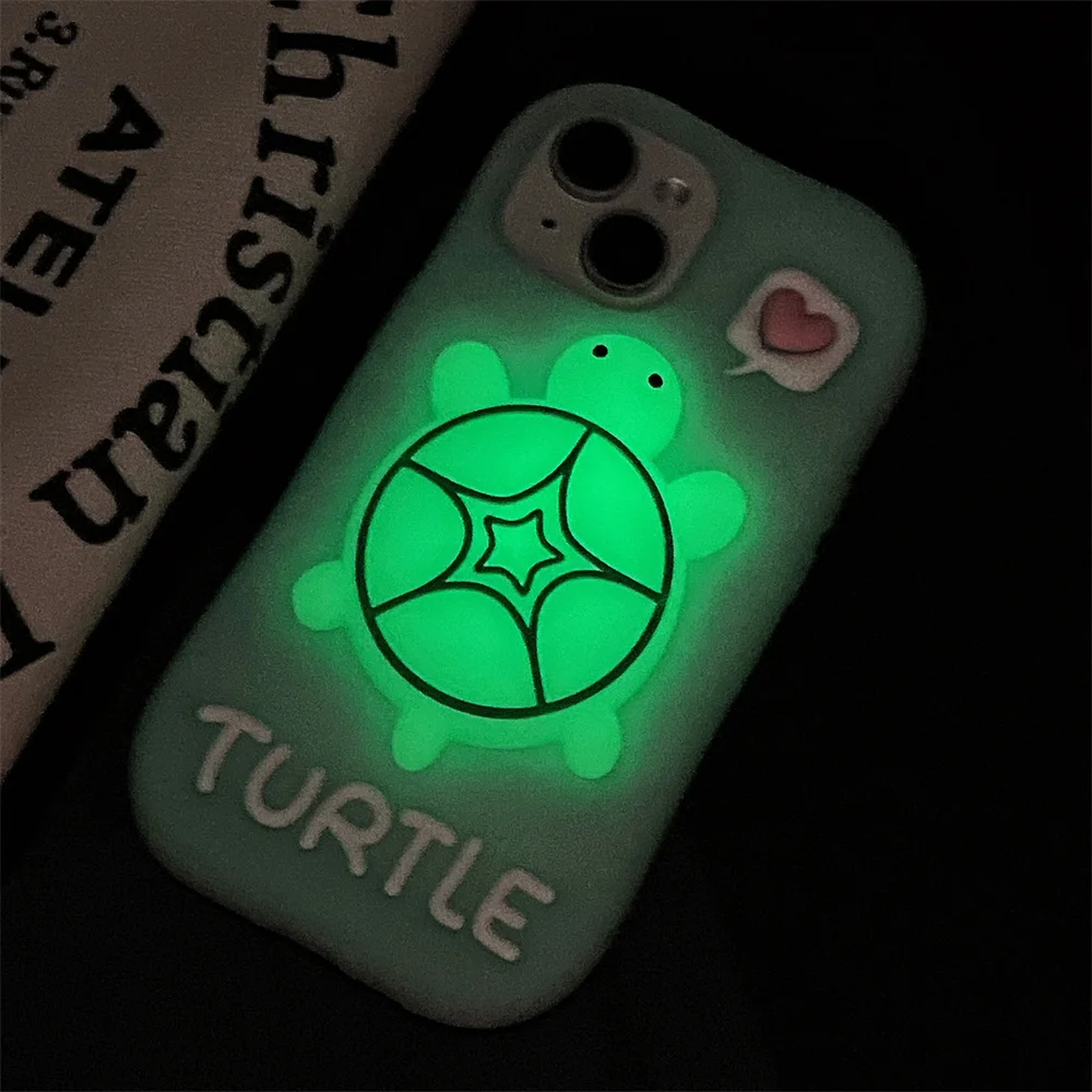 

Cute Glow in The Dark Cartoon Turtle Phone Case For iPhone16 15 13 14 12 Pro Max With Holder Luminous Soft Back Silicone Cover