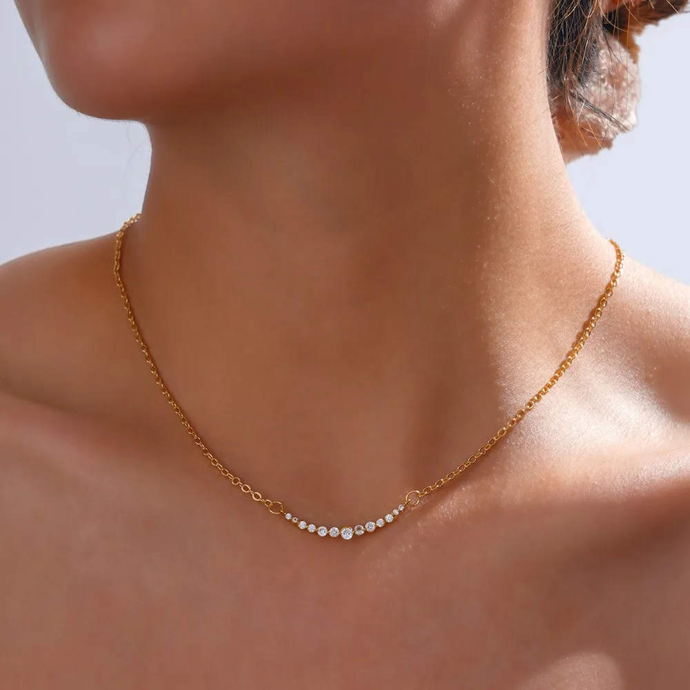 Exquisite Simple Gold Color Micro-inlay Round Zircon Smiling Necklace for Women Fashion Summer Outing Anniversary Gifts Jewelry