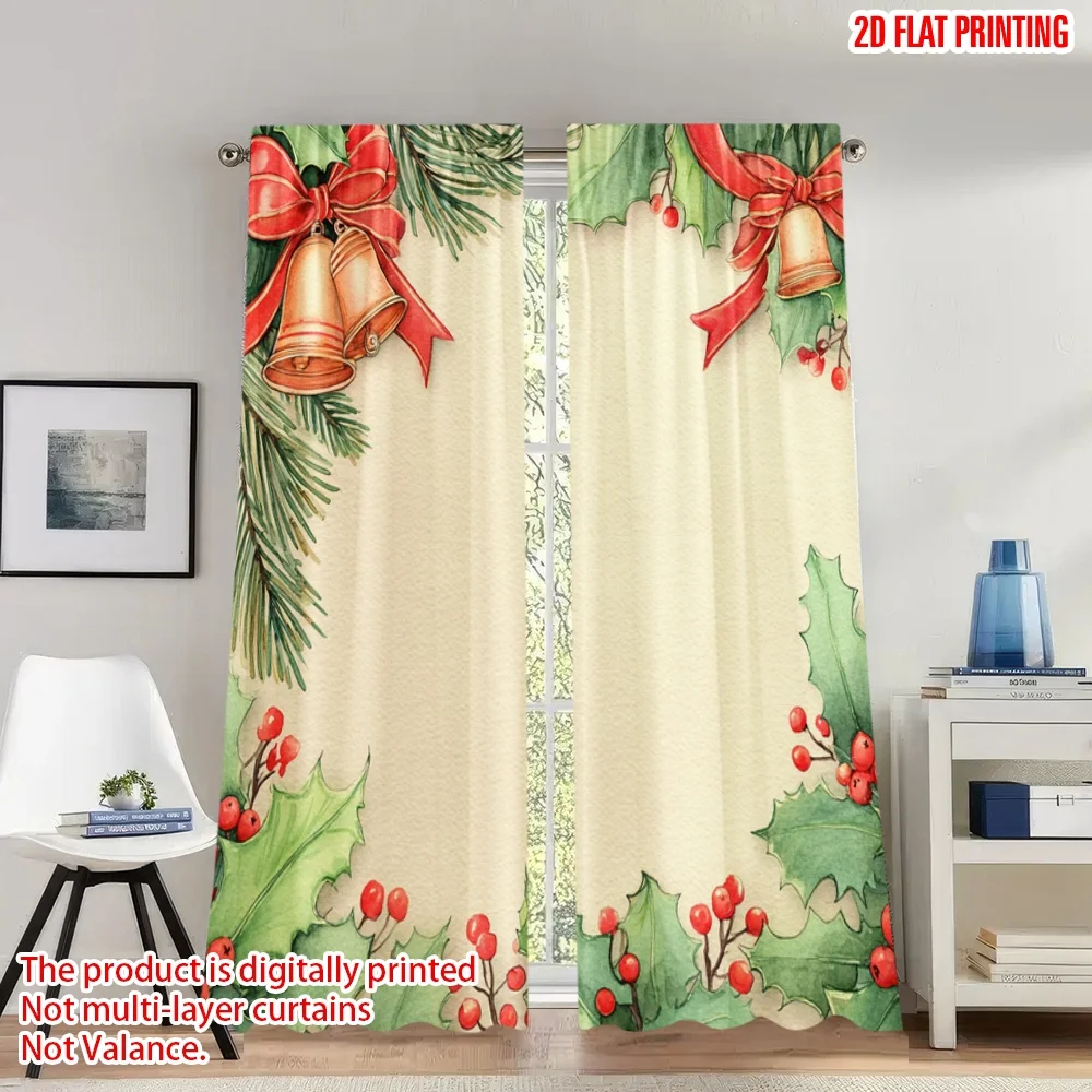

2pcs 2D flat printing Christmas Curtains Christmas Holly Bells Border Digital Printed Polyester Drapes Birthday Party for