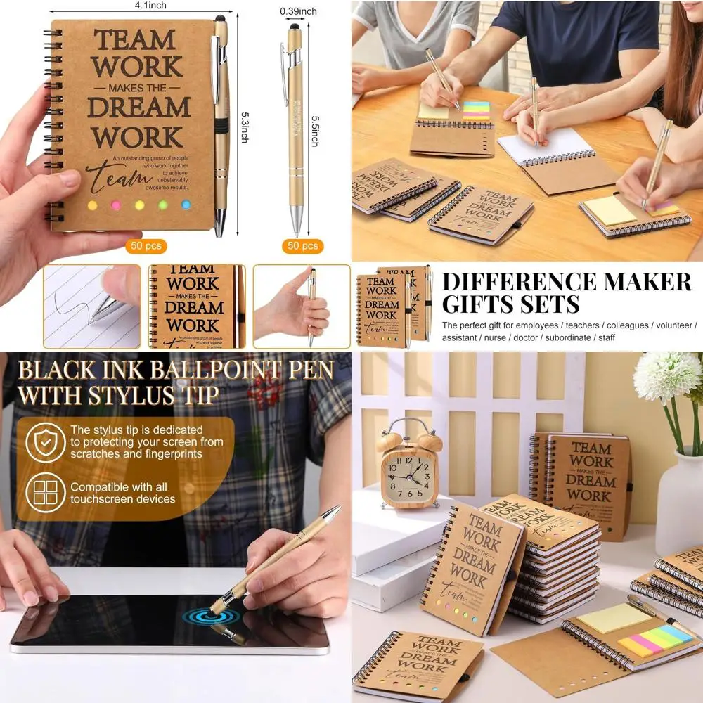 Bulk Bamboo Pen Set with Spiral Notebook and Sticky Notepad Tabs for Team and Nurse Appreciation