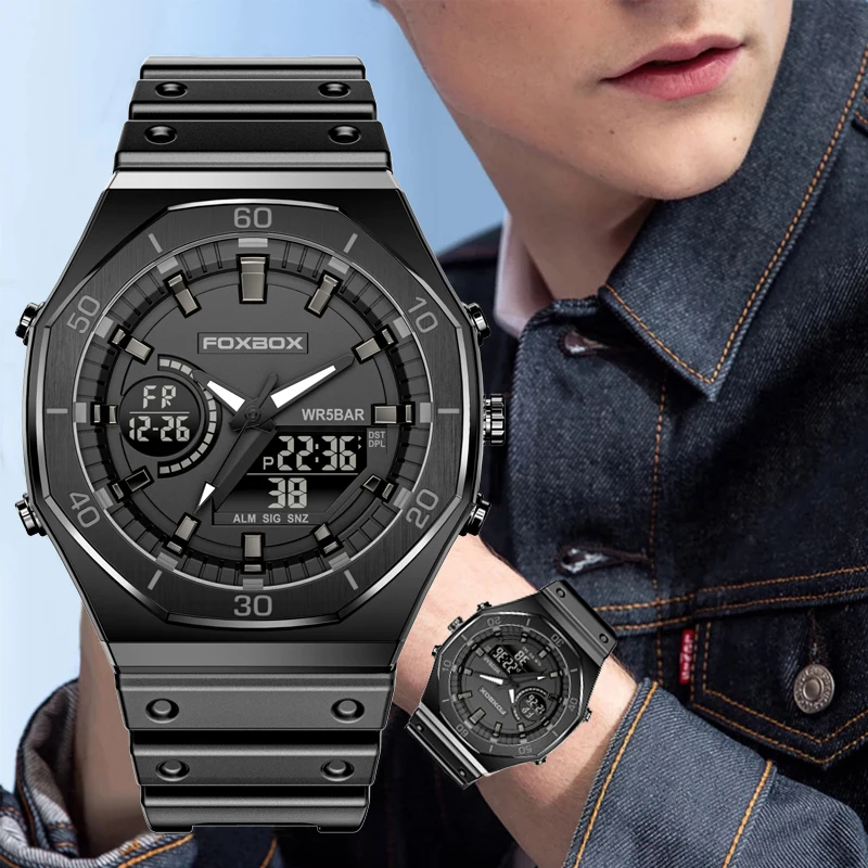 

2023 FOXBOX Mens Watches Waterproof Double Display Wristwatch LED Alarm Clock Watch for Men Sports Watch Men Relogio Masculino