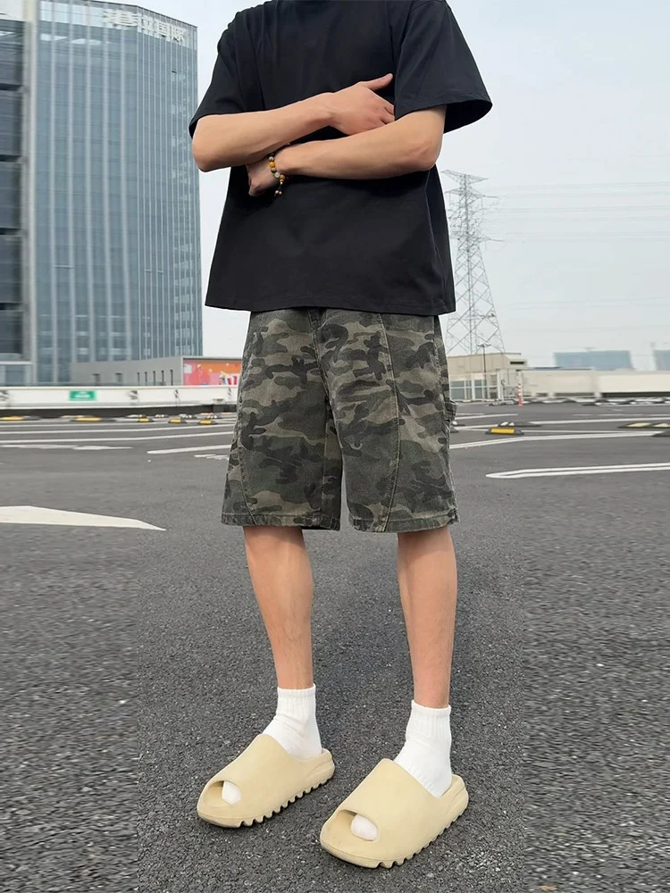 American High Street Camouflage Denim Shorts Men's Summer Workwear Trendy Brand Cool Street Style Washed out Mid-Length Pants
