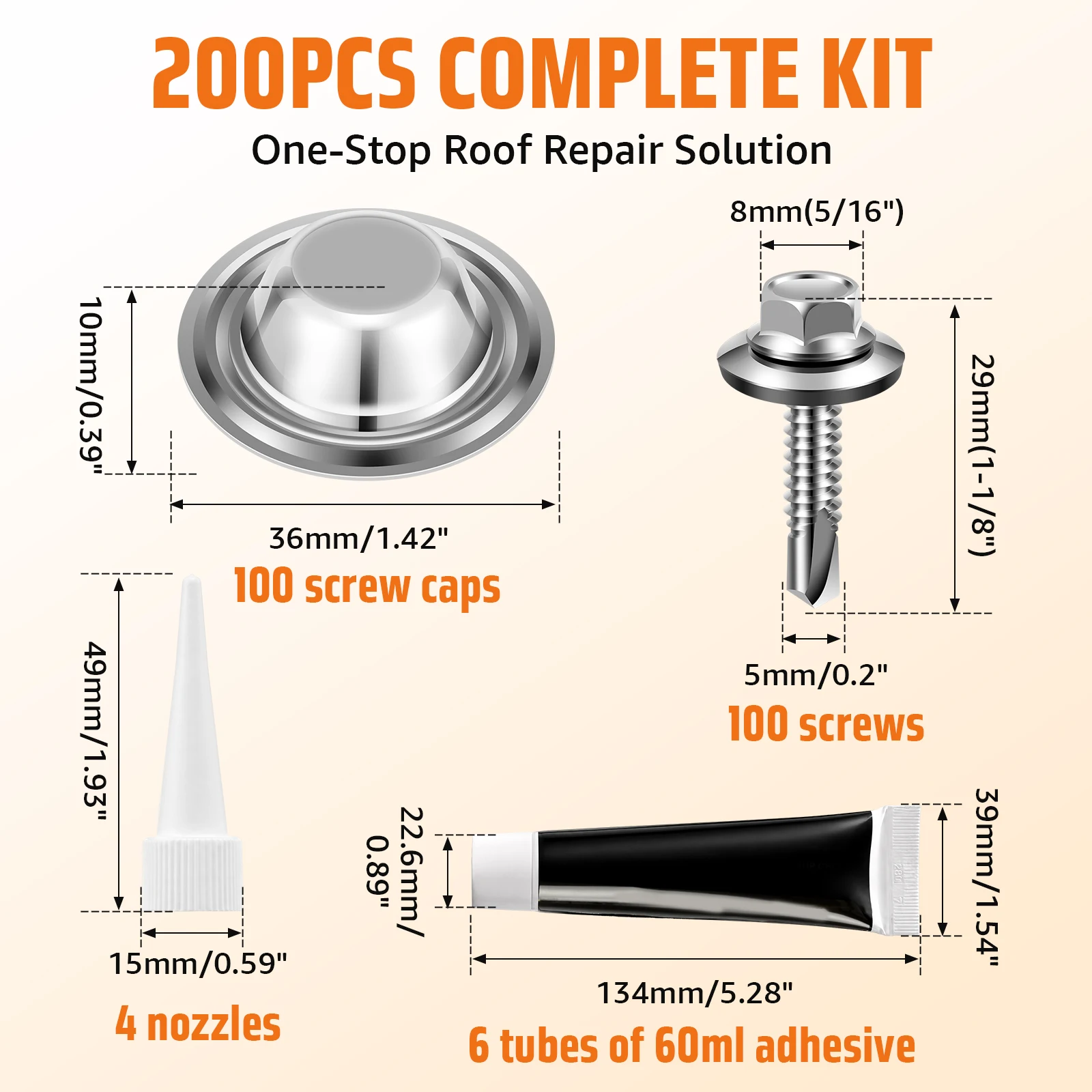 100Pcs Stainless Steel Screw Cap Covers Self Drilling Screws Waterproof Sealing Screw Caps with Glue for Roof Out Screws Repair