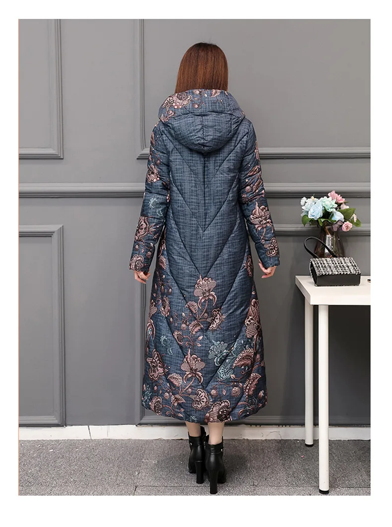 Fdfklak Hooded Thick Warm Parkas Women Vintage Printed Down Cotton Winter Coat Middle Aged Mother Overlength Padded Jacket