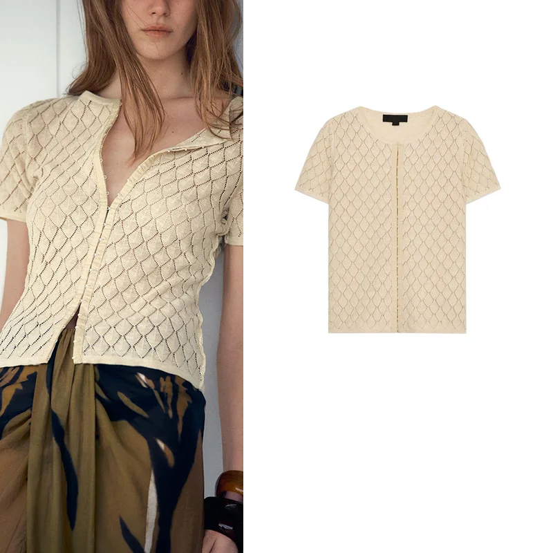 

Za Summer Women's Metal Hook Decorative Texture round Ne ort Sve Knitted Jaet Polyester Fiber Slim Fit Commute Sle