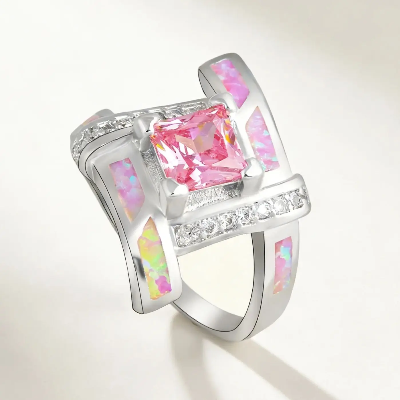 

Chic Bold Pink Square Stone Ring with Opal style Inlay Glamorous Statement Jewelry Ideal Gift for Birthday Party and Wedding