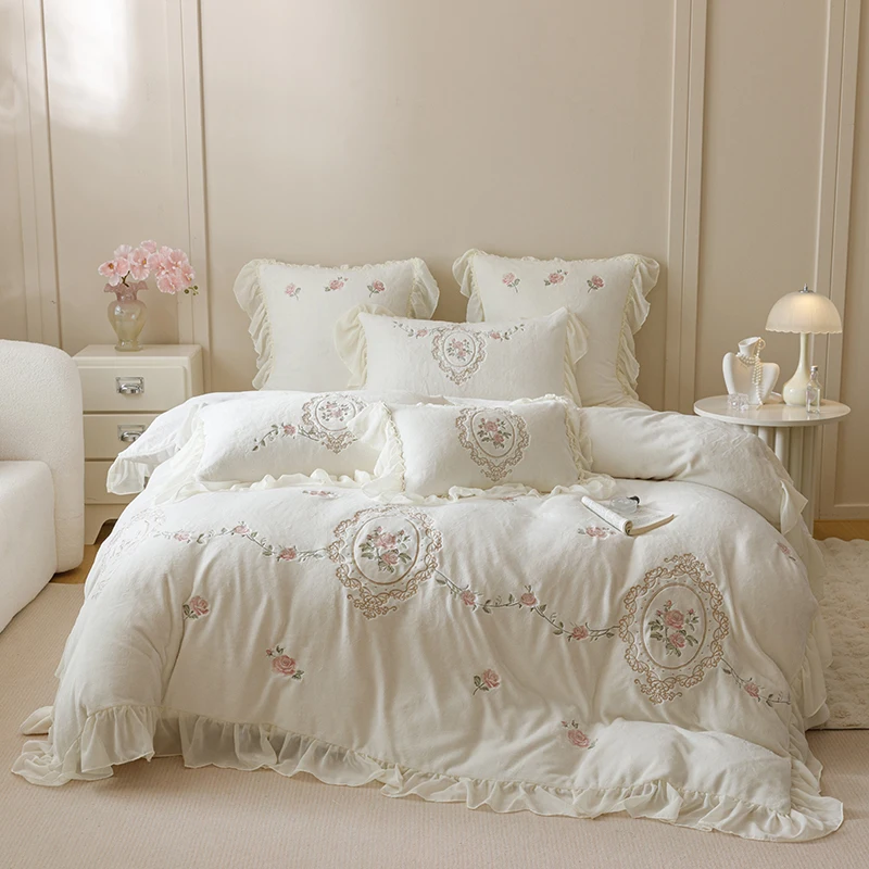 4Pcs Rose Flowers Embroidery Ruffles Princess Bedding Set Warm Thickened Winter Milk Velvet Duvet Cover Set Bed Sheet Pillowcase