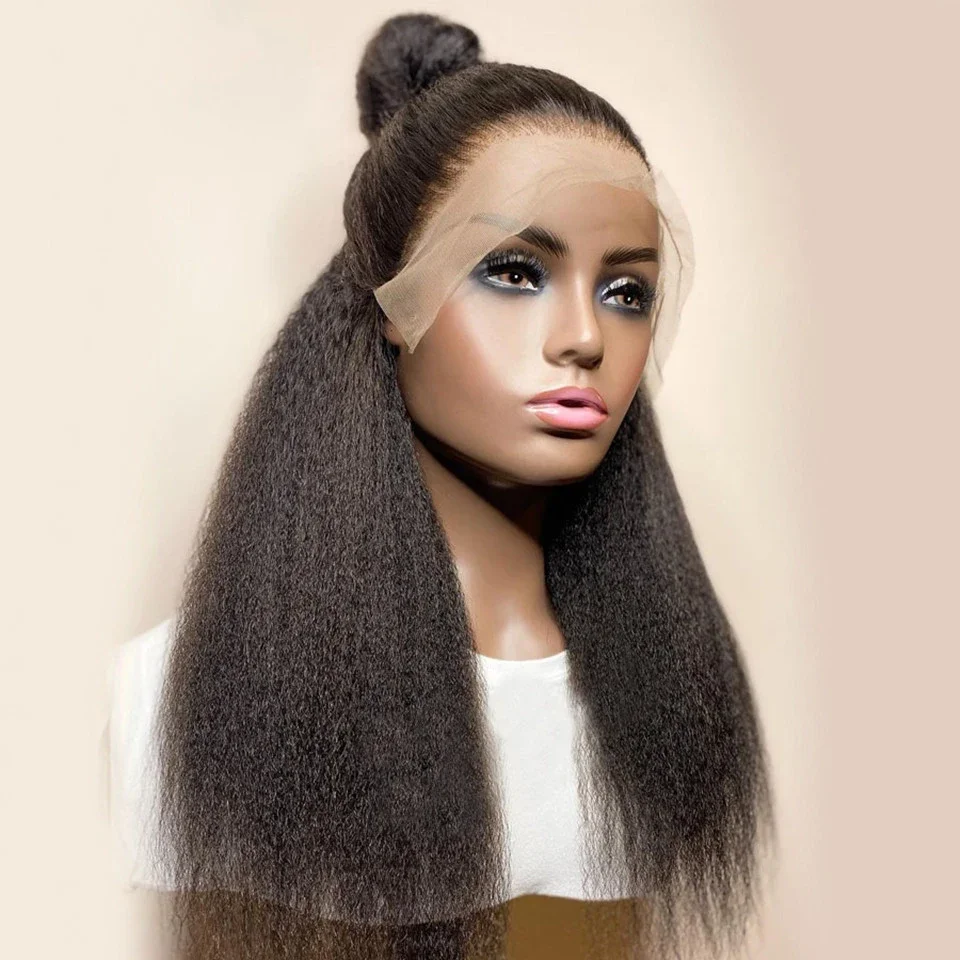 

26Inch Natural Black Glueless Soft Long Yaki Kinky Straight 13x4 Lace Front Wig 180Density For Women With Baby Hair Preplucked