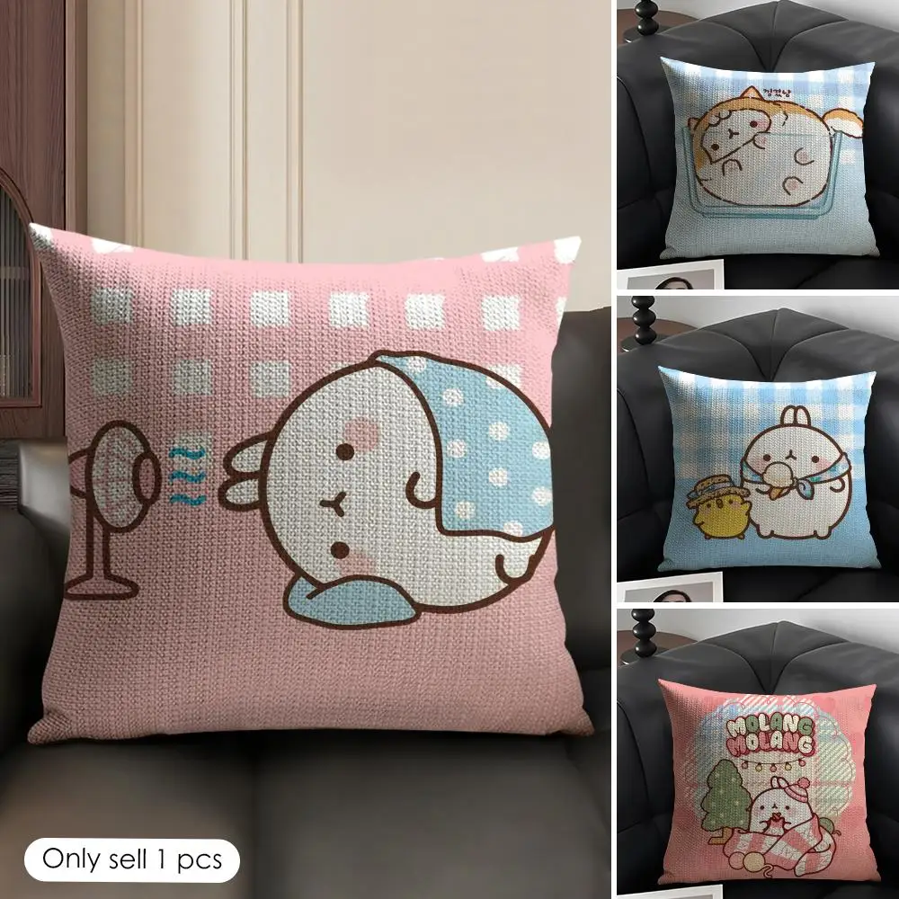 Cartoon M-MolangS Rabbit Cushion Cover Natural Linen Organic Fabric Double-Sided Printing Sofa Home Decor Gift Pillow Case