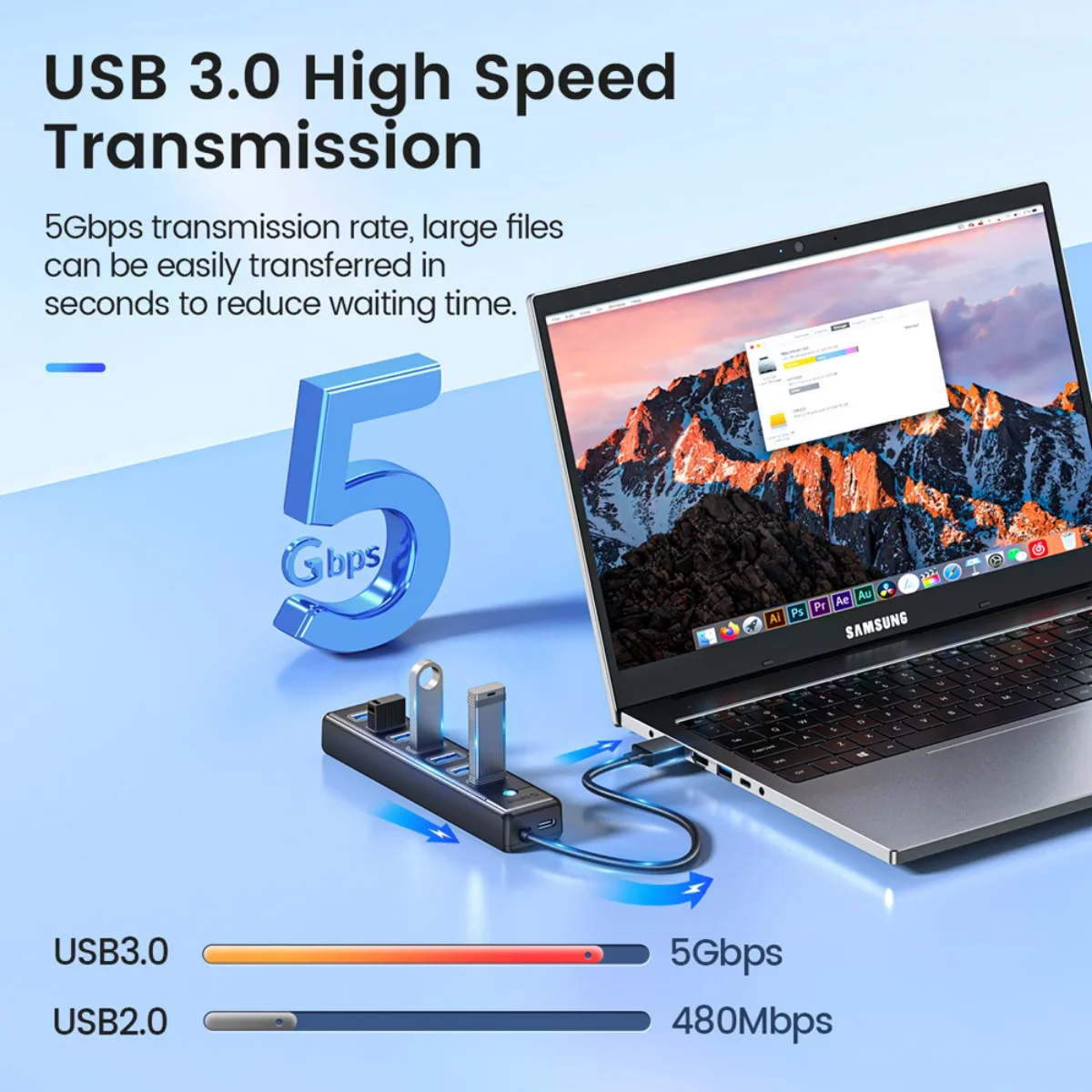 Orico-USB 3.0ハブ,7ポート,高速伝送タイプC,ラップトップ拡張,コンピューターアクセサリー