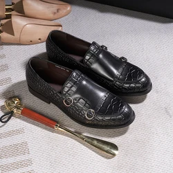 Luxury Men's Loafers Genuine Leather Double Buckle Monk Strap Slip on Casual Shoes Crocodile Pattern Wedding Dress Shoes for Men