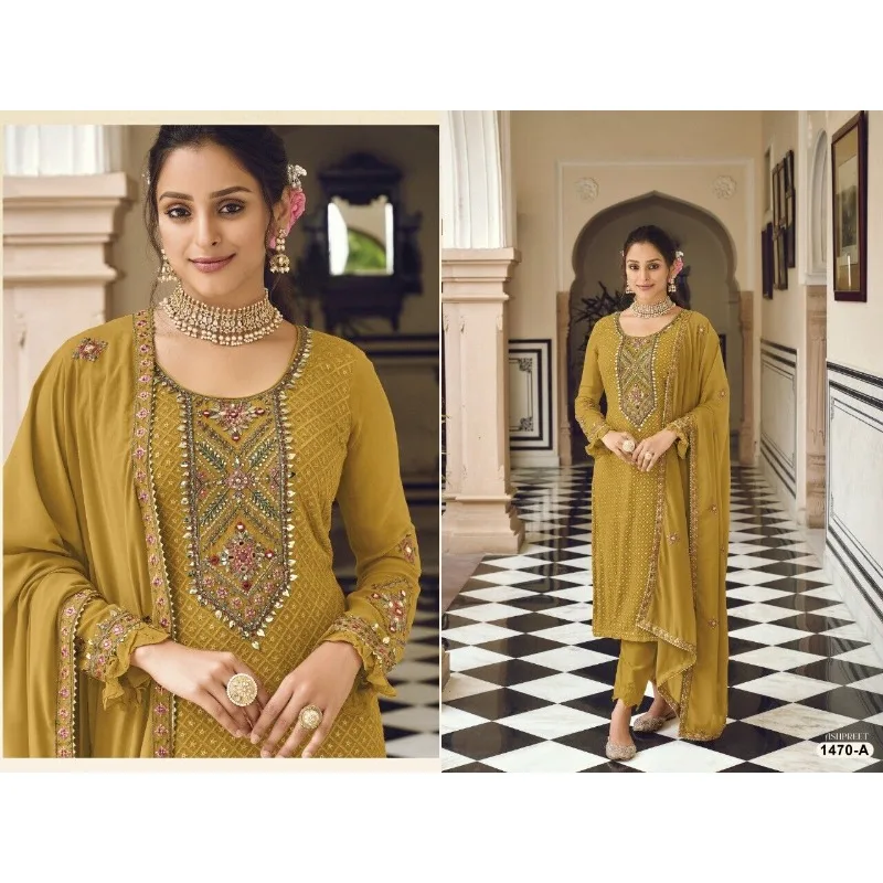 Mustered Color Indian Wedding Haldi Ceremony Wear Bridal Salwar Kameez Pant Suit