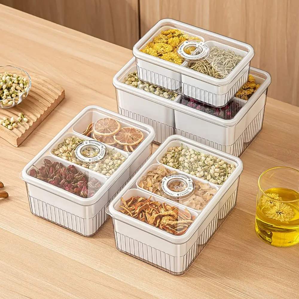 Plastic Divided Serving Tray 2/3/4 Grids Transparent Lid Divided Food Box Reusable Dustproof Spice Storage Box Kitchen