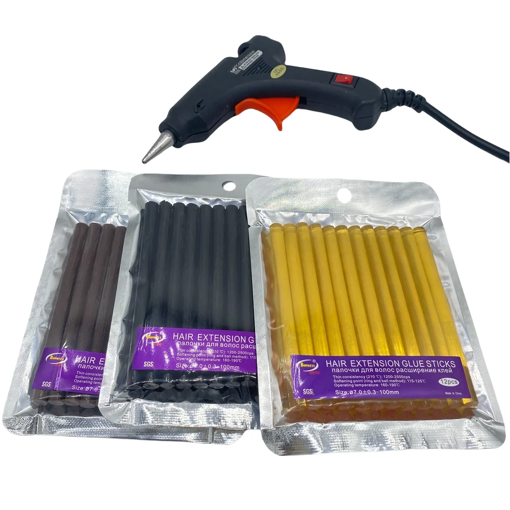 36 PCS Diameter 7 X 100 Mm Hair Extension Glue Sticks Hot Melt Glue Stick for Hair Extension 3 Colors Black Yellow Brown
